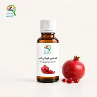 اسانس خوراکی انار پویندگان زکریای رازی در بطری شیشه‌ای کهربایی قطره‌چکان‌دار