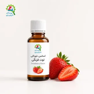 اسانس خوراکی توت فرنگی پویندگان زکریای رازی در بطری شیشهای کهربایی قطرهچکاندار